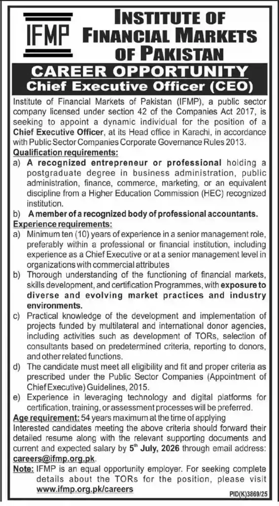 Institute of Financial Markets of Pakistan Jobs 2026 – Chief Executive Officer CEO Vacancy