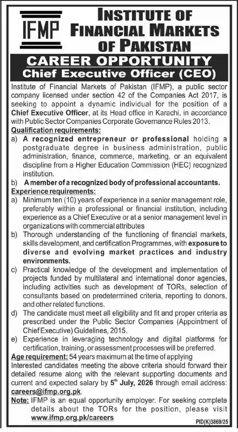 Institute of Financial Markets of Pakistan Jobs 2026 – Chief Executive Officer CEO Vacancy