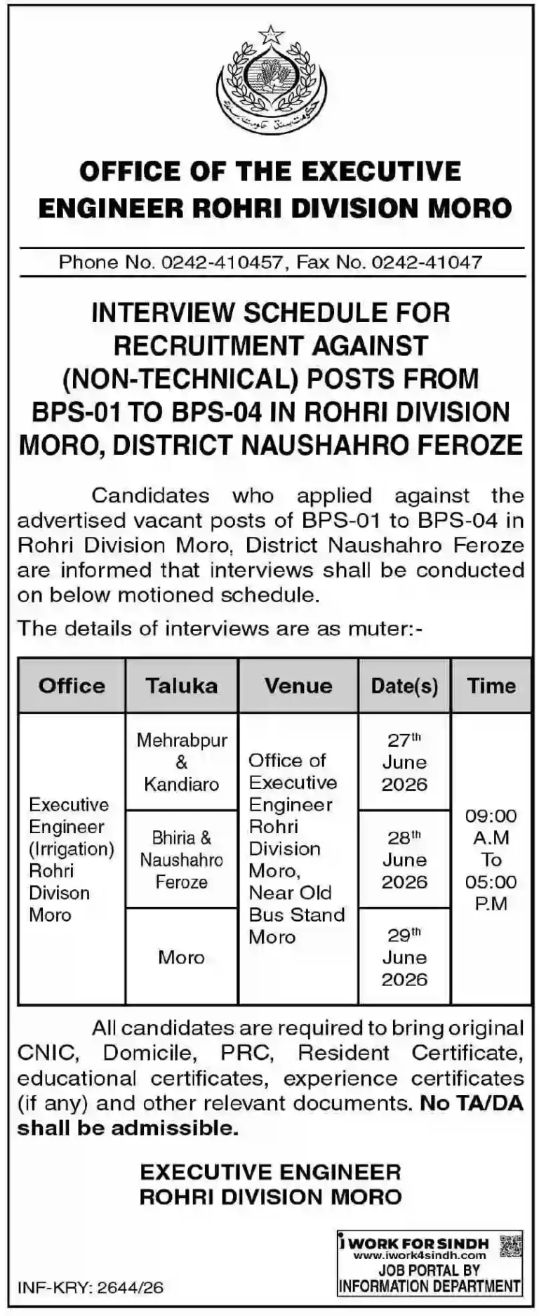 Irrigation Department Rohri Division Moro Jobs 2026 Apply Online for Latest Government Vacancies in Sindh