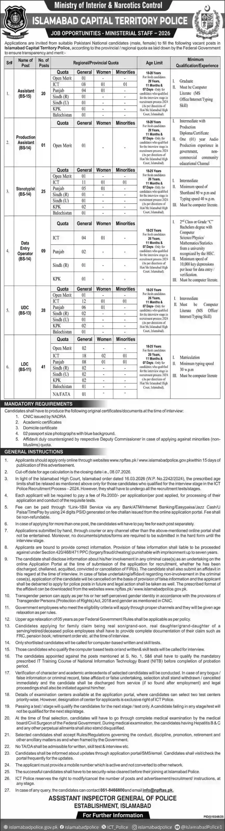 Islamabad Police Jobs 2026 for Male and Female Apply Online Now