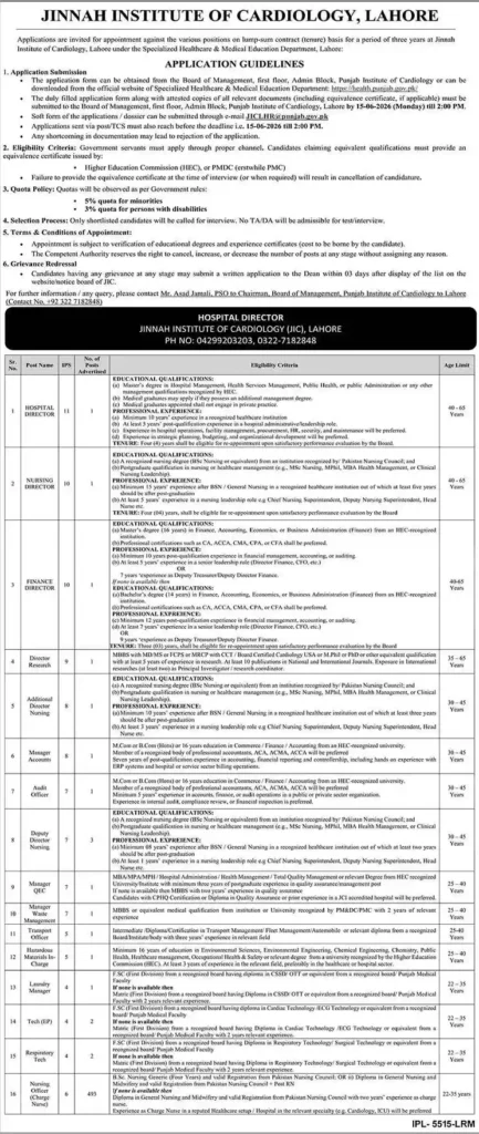 Jinnah Institute of Cardiology Lahore Jobs 2026
Jinnah Institute of Cardiology Lahore Jobs 2026
