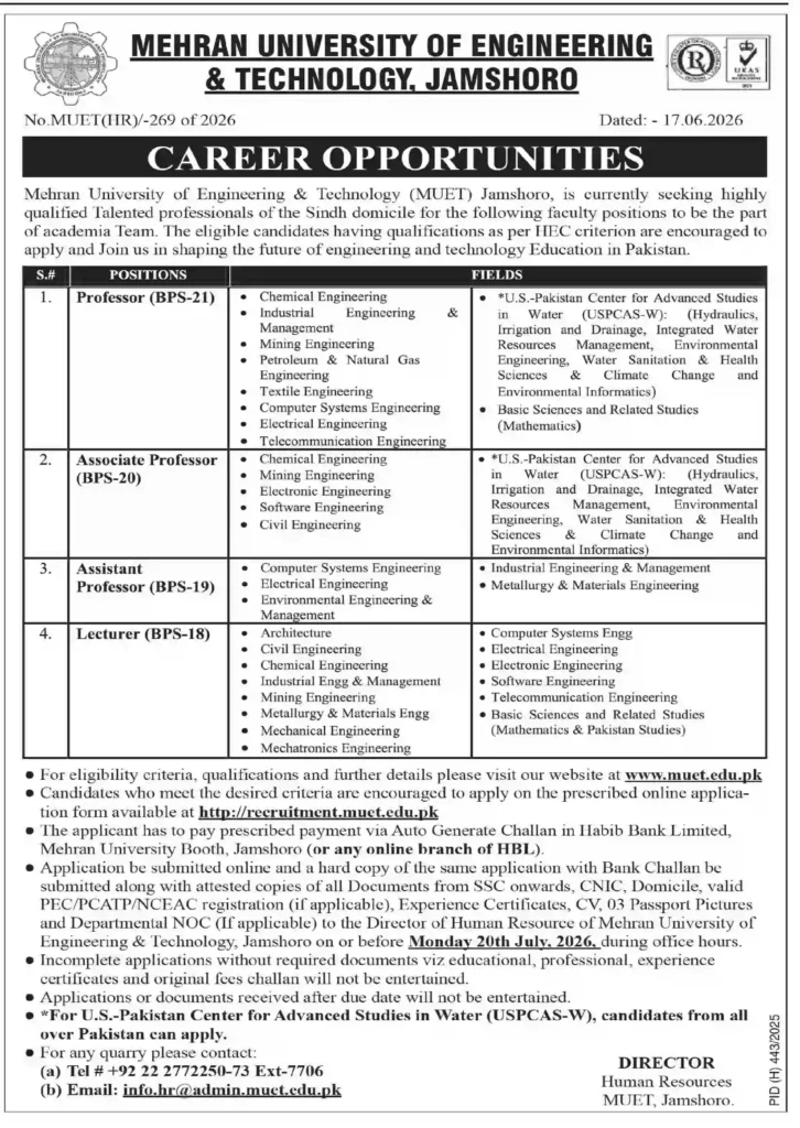 Mehran University of Engineering and Technology Jobs 2026 Apply Online