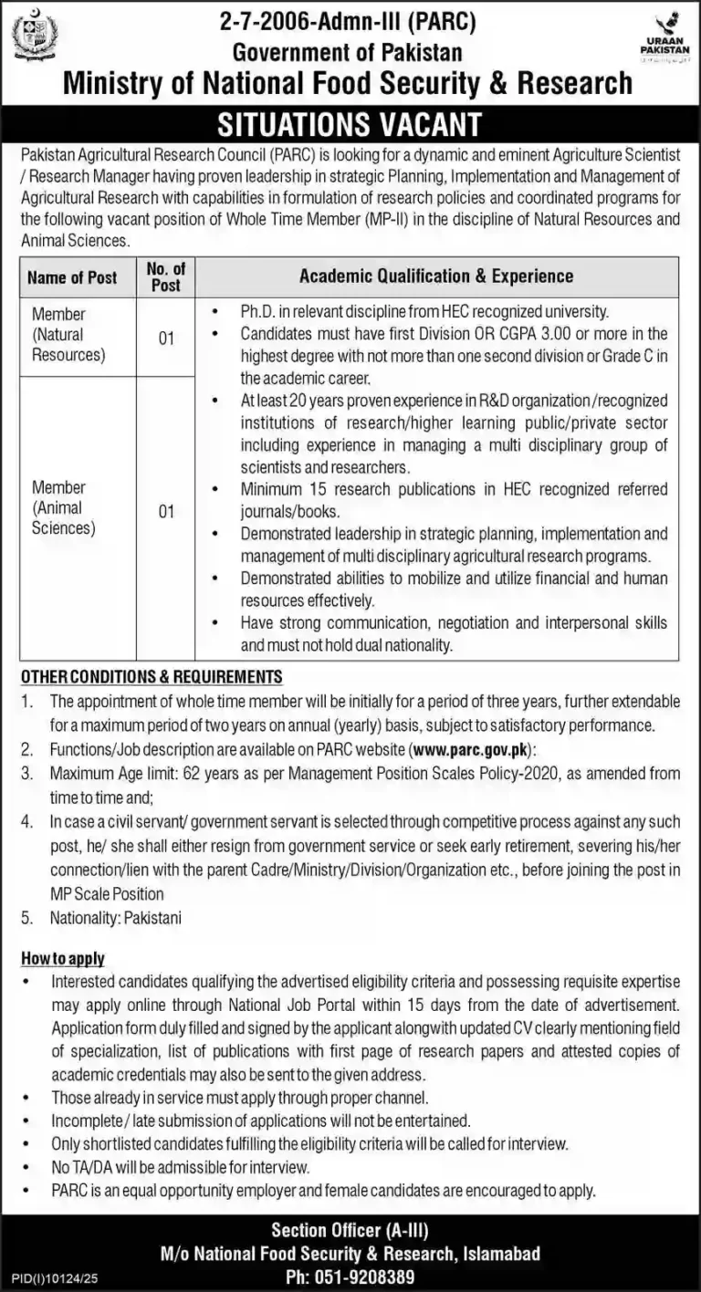 Ministry of National Food Security Jobs 2026 – PARC Opens Member-Level Vacancies