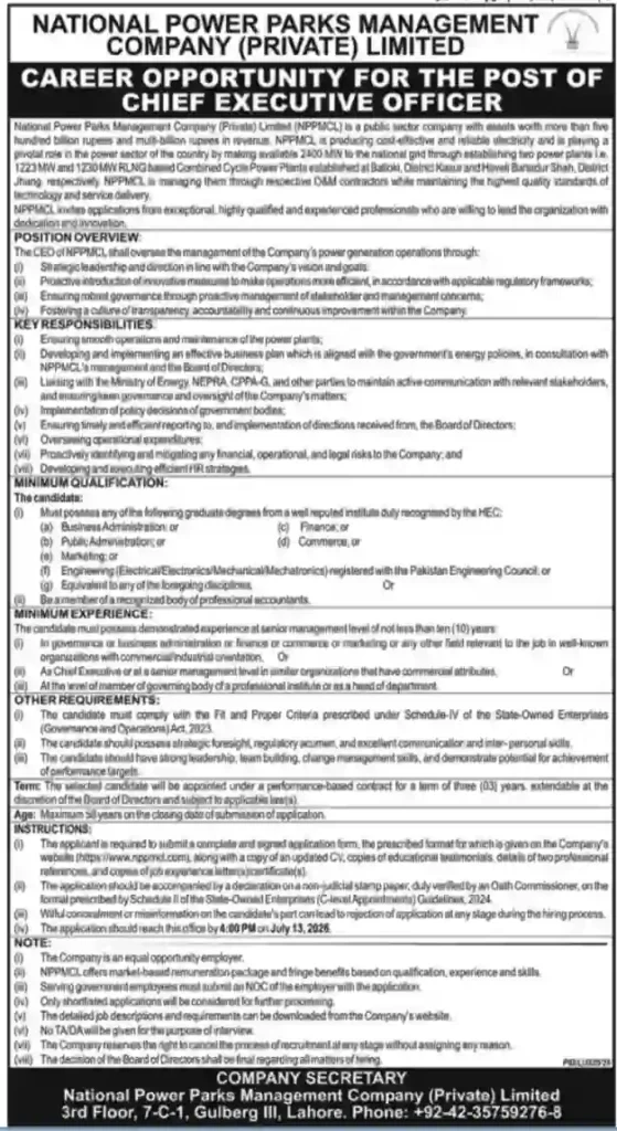 NPPMCL CEO Jobs 2026 Announced – Leadership Opportunity in Pakistan’s Power Sector