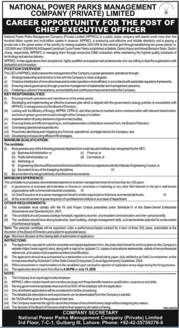 NPPMCL CEO Jobs 2026 Announced – Leadership Opportunity in Pakistan’s Power Sector