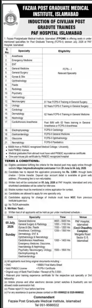PAF Hospital Islamabad FCPS-II Training 2026 – FPGMI Civilian Post Graduate Trainee Program