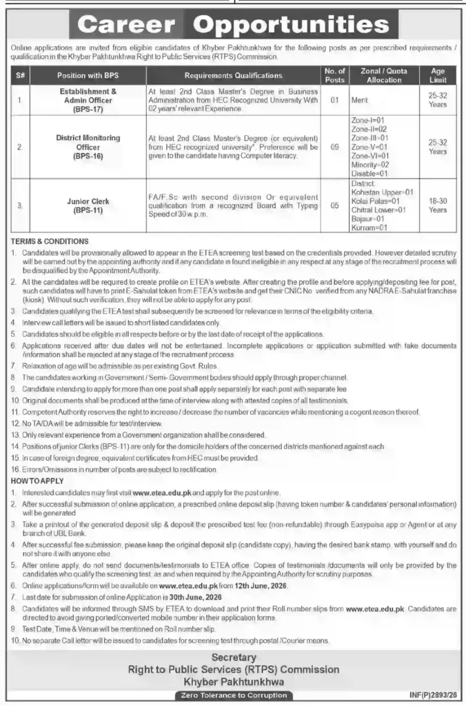 Right to Public Services Commission (RTPS) Jobs Advertisement 2026