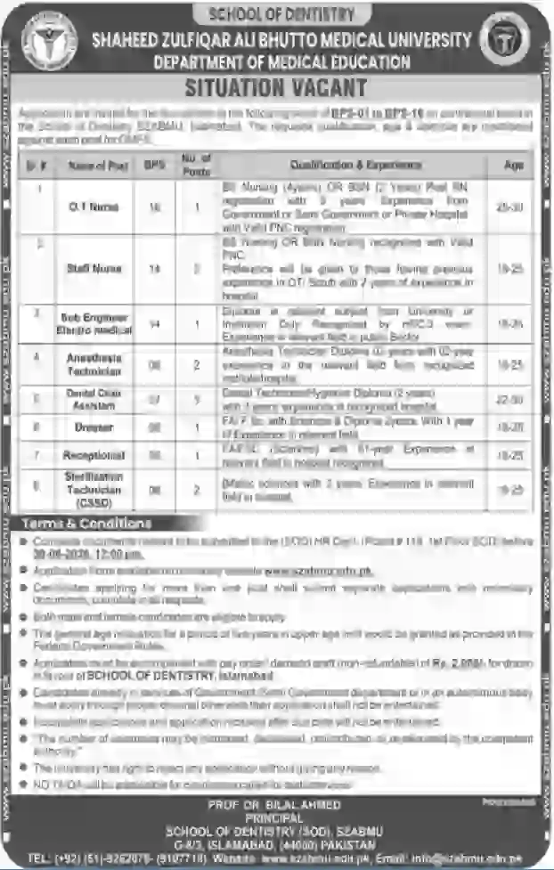 SZABMU School of Dentistry Jobs 2026 – Apply Online for Nursing, Technician & Administrative Vacancies