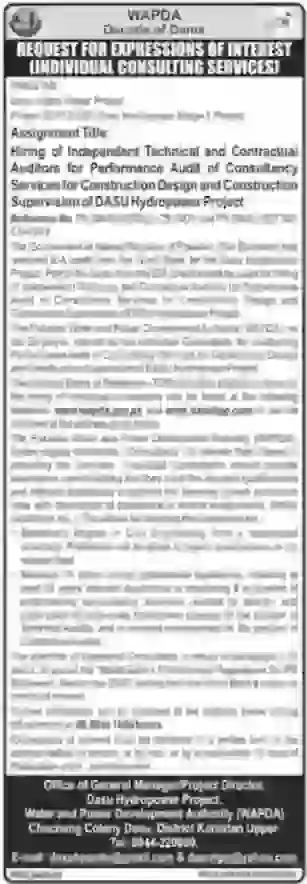 Water and Power Development Authority (WAPDA) Consultancy Advertisement 2026