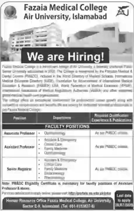 Air University Fazaia Medical College Faculty Jobs 2026 Apply Online | Latest PM&DC Vacancies