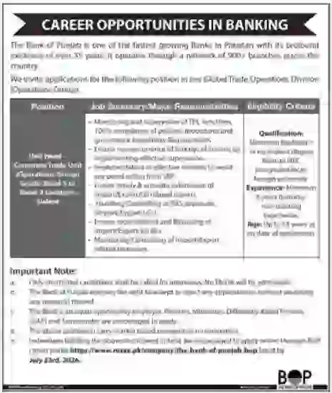 BOP Jobs 2026 Latest Unit Head Corporate Trade Unit Vacancy in Sialkot