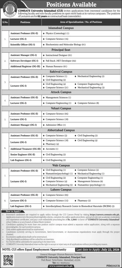 COMSATS University Islamabad Jobs 2026