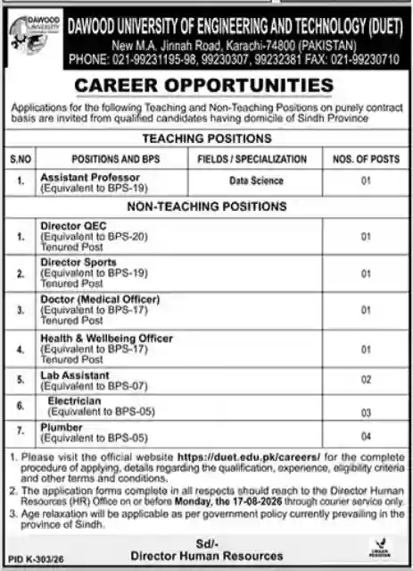 DUET Karachi Jobs 2026 – Latest Teaching and Non-Teaching Career Opportunities