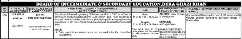Data Entry Supervisor Jobs 2026 – BISE DG Khan PPSC