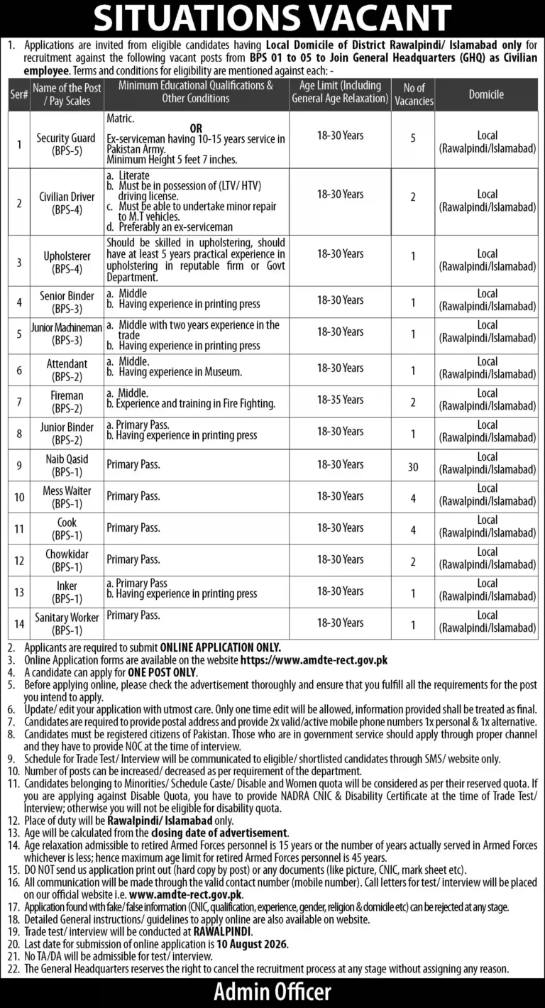GHQ Rawalpindi Jobs 2026 Online Apply, Eligibility, Last Date & Latest Vacancies