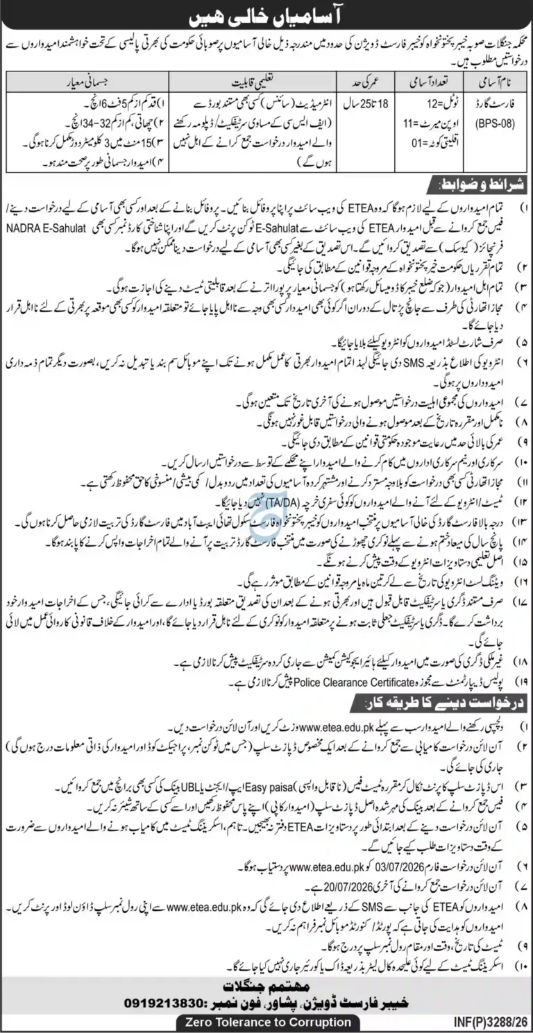 Government Forest Guard Jobs 2026 Forest Division Peshawar Online Application