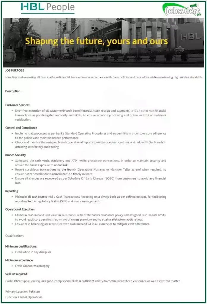 HBL Careers 2026  Apply Online for Cash Officer Jobs in Pakistan
