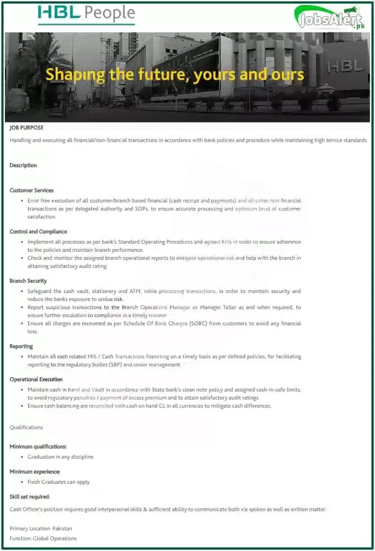 HBL Careers 2026 Apply Online for Cash Officer Jobs in Pakistan