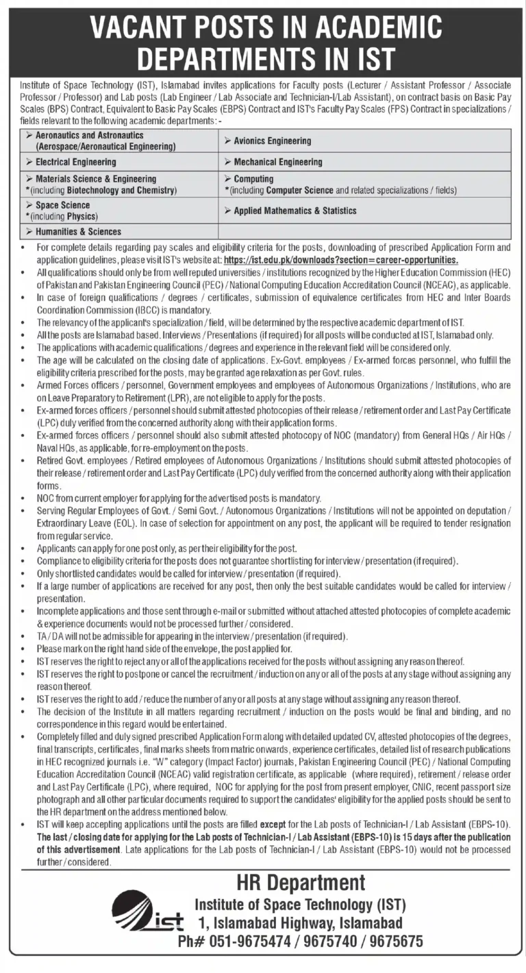 Institute of Space Technology IST Jobs 2026 Online Apply