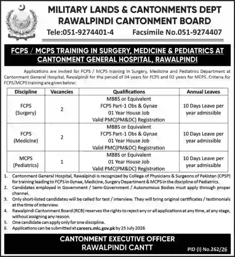 Latest Medical Training Jobs 2026 in Rawalpindi Cantonment General Hospital