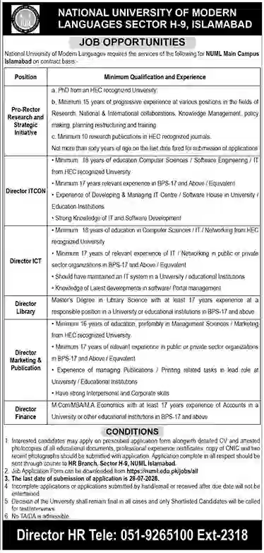 Latest NUML Jobs 2026 in Islamabad Eligibility, Last Date & Application Form