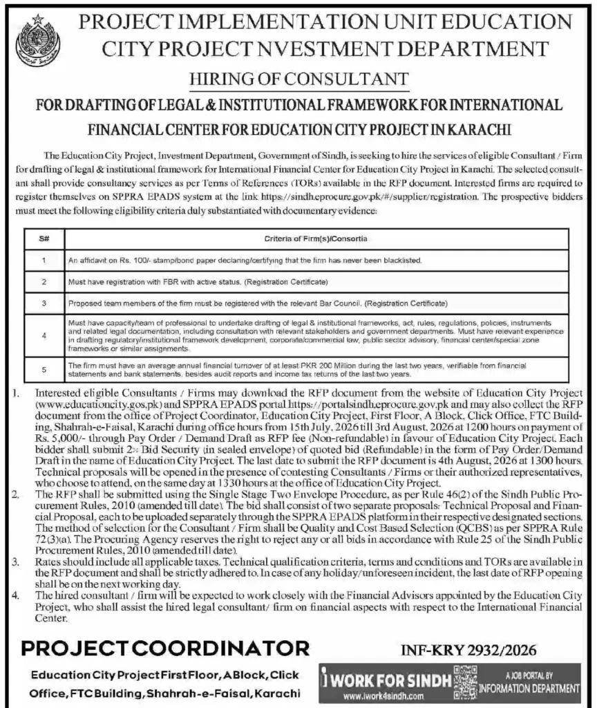 Latest PIU Education City Project Karachi Jobs 2026 – Apply for Consultant