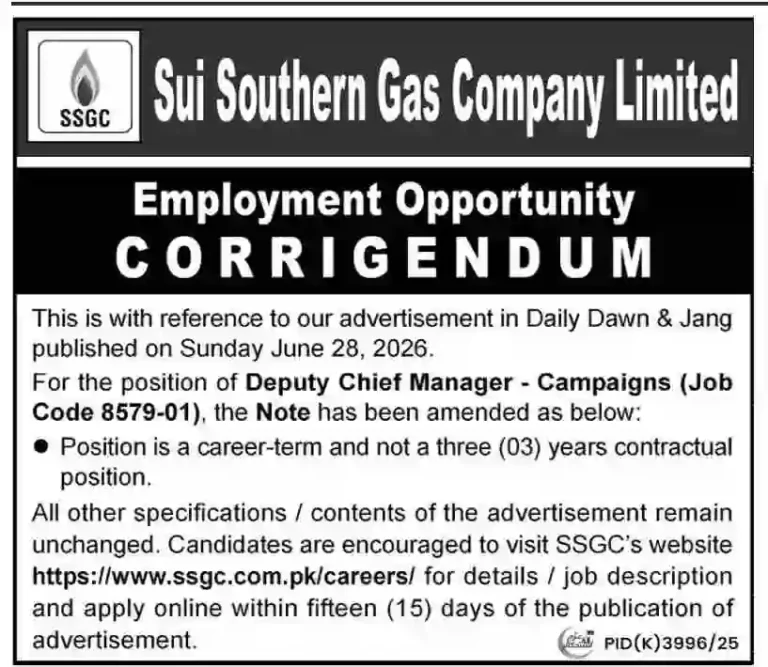 Latest SSGC Karachi Jobs 2026 Apply Online for Sui Southern Gas Company Limited Vacancies