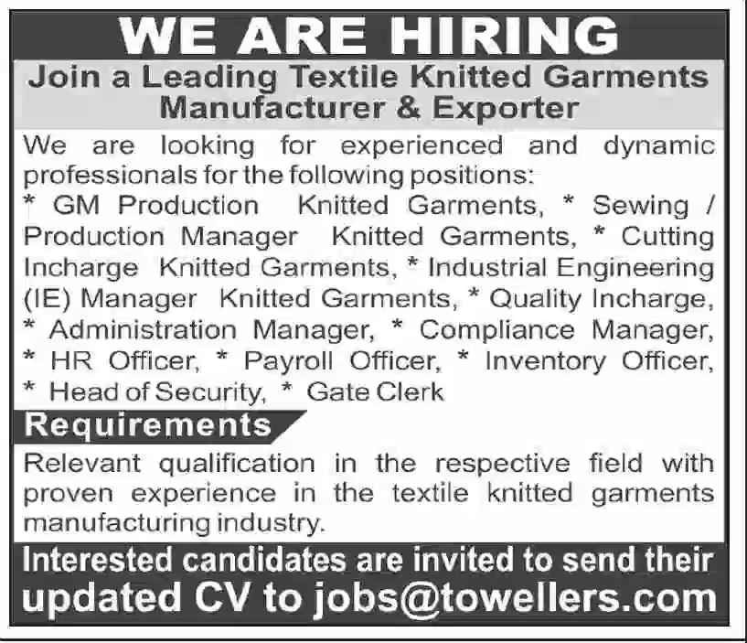 Textile Knitted Garments Jobs 2026 – Latest Private Sector Career Opportunities in Pakistan