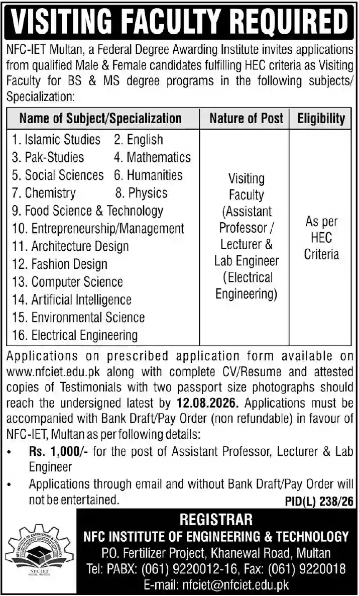 NFC-IET Multan Jobs 2026 Online Apply