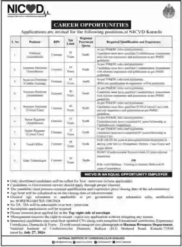 NICVD Karachi Jobs 2026 Apply Online | Latest Professor & Medical Faculty Vacancies