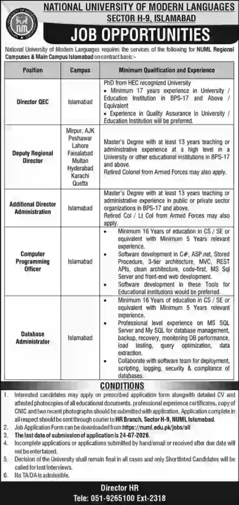NUML Islamabad Jobs 2026 – Latest Career Opportunities for Administrative