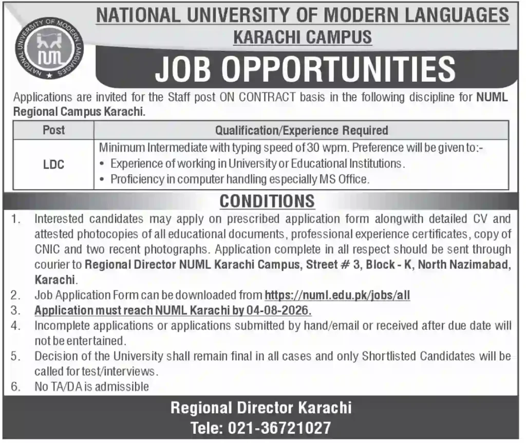 NUML Karachi Jobs 2026 Apply Online