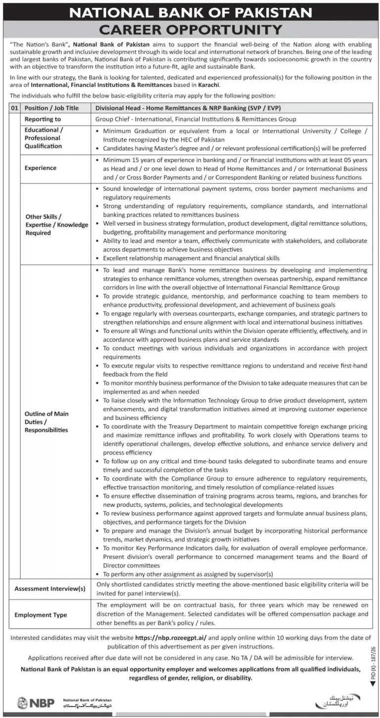 National Bank of Pakistan NBP Jobs 2026 Online Apply