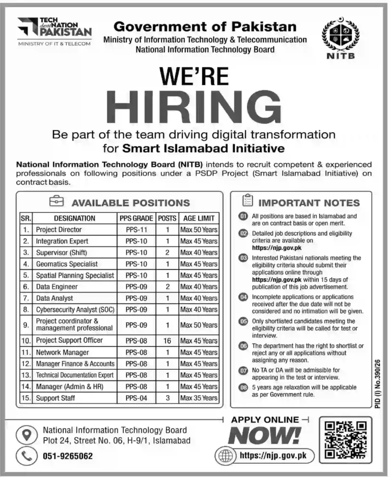 National Information Technology Board Jobs 2026 – Apply Online for NITB Islamabad