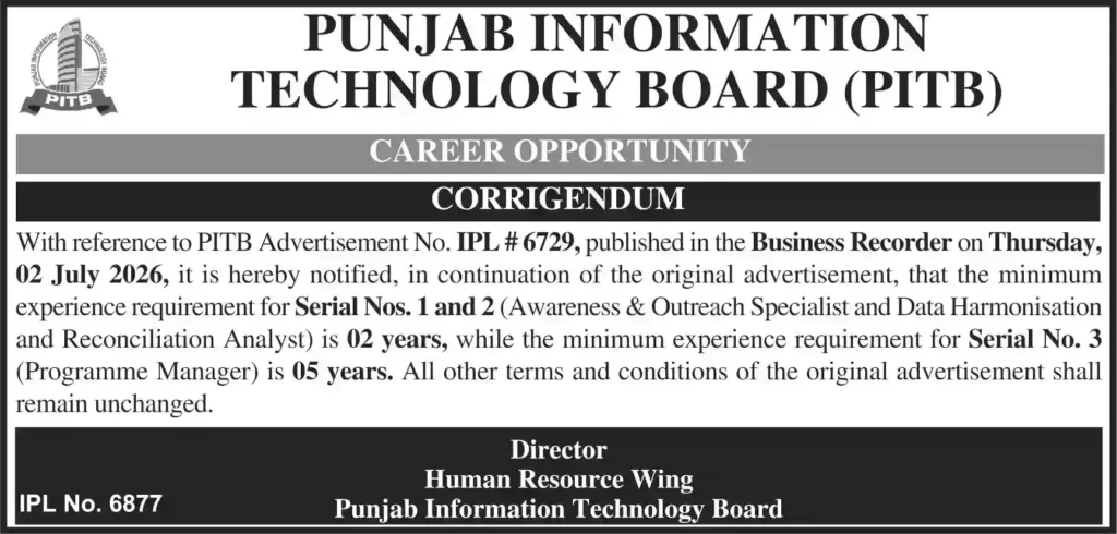 PITB Corrigendum 2026 Punjab Information Technology Board Revises Experience Criteria