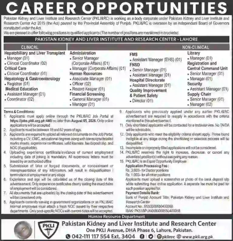 PKLI Careers 2026 Latest Hospital Jobs in Pakistan