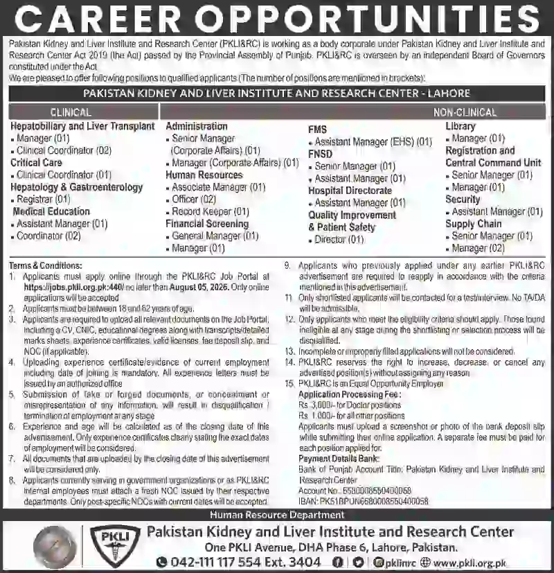 PKLI Careers 2026 Latest Hospital Jobs in Pakistan