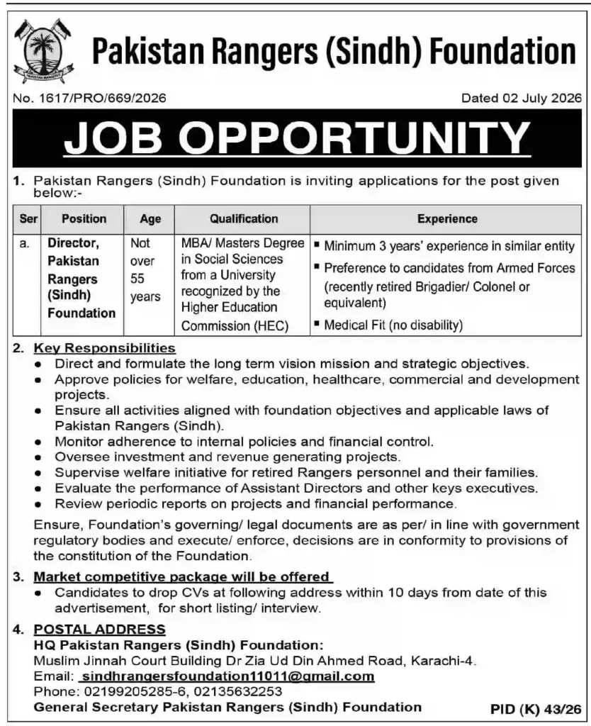 Pakistan Rangers Sindh Foundation Karachi Jobs 2026 – Complete Eligibility & Online Apply Guide
