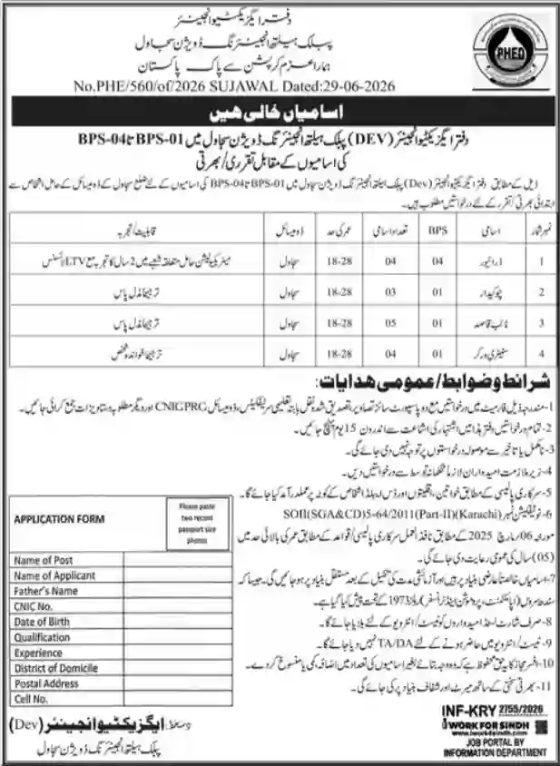 Public Health Engineering Department (PHED) Sujawal Jobs 2026 Apply for Driver, Chowkidar, Naib Qasid & Sanitary Worker