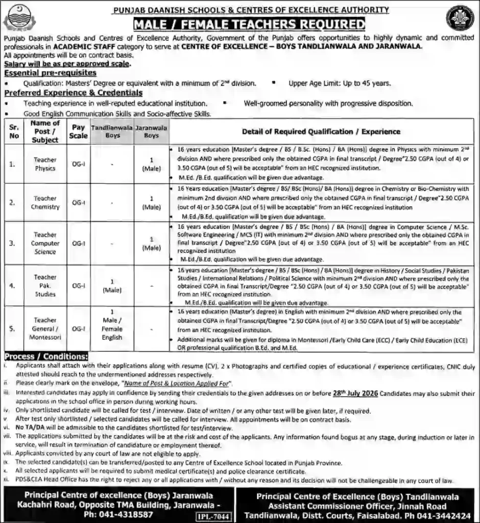 Punjab Danish Schools Teacher Jobs 2026 – Apply for Male & Female Teaching Vacancies