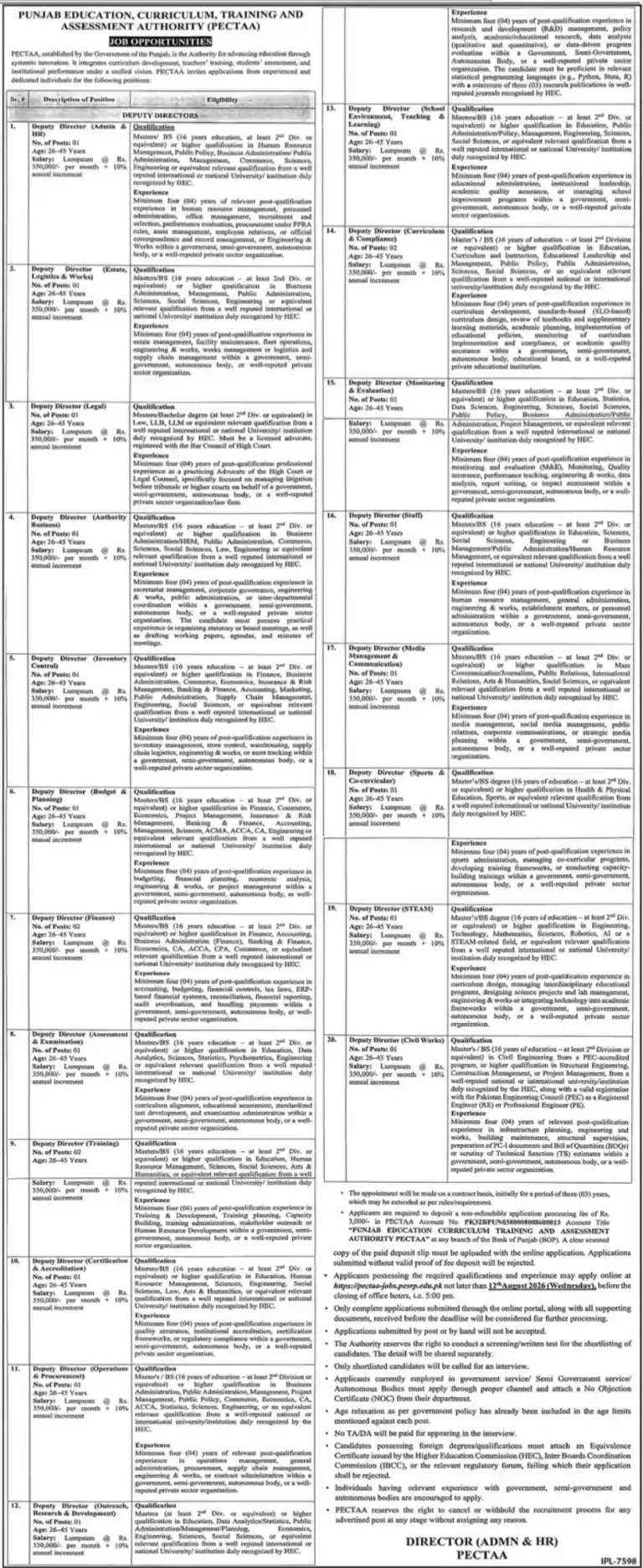 Punjab Education, Curriculum, Training & Assessment Authority PECTAA Jobs 2026 Online Apply