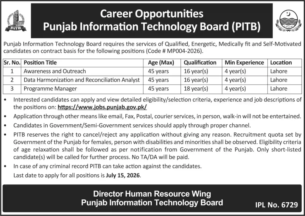 Punjab Information Technology Board (PITB) Jobs 2026 Apply Online for Latest IT & Management Vacancies