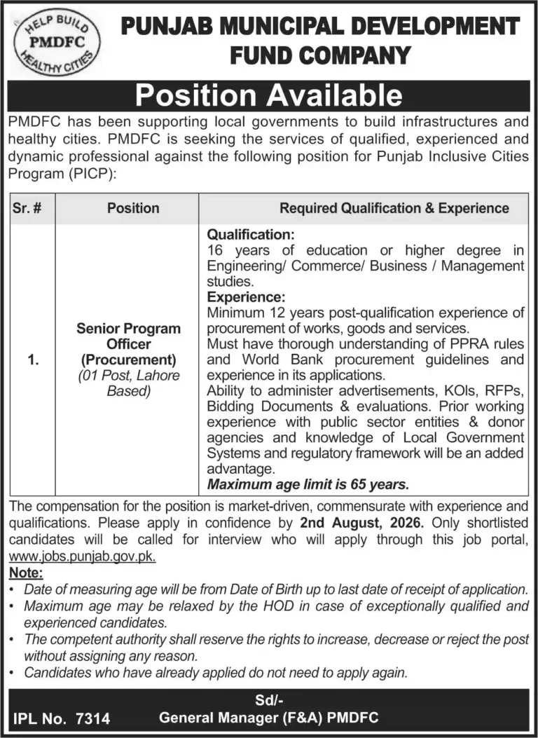 Punjab Municipal Development Fund Company PMDFC Jobs 2026 Online Apply
