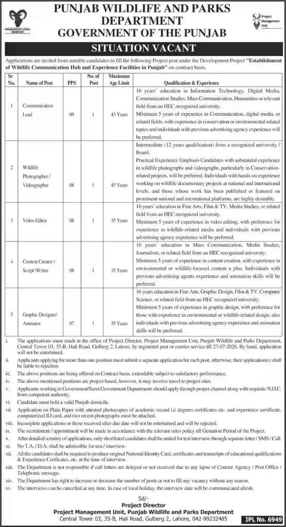 Punjab Wildlife and Parks Department Careers 2026 – Latest Government Jobs in Lahore