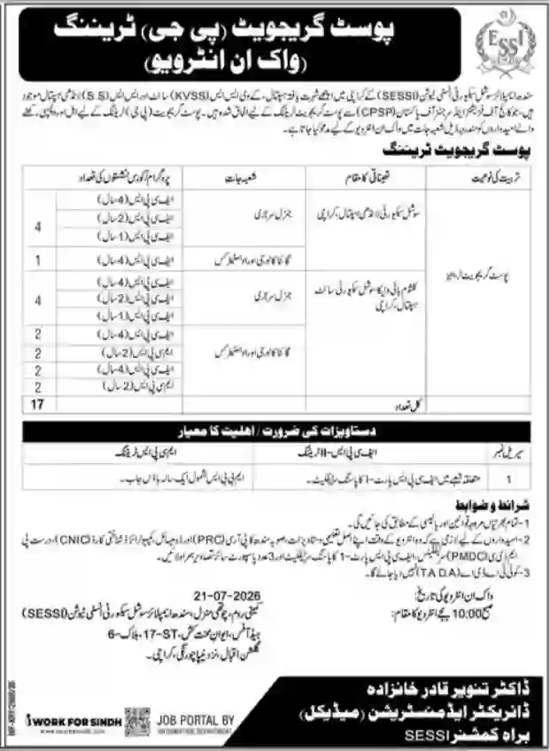 SESSI Medical PG Training 2026 Walk-in Interview for FCPS Trainees