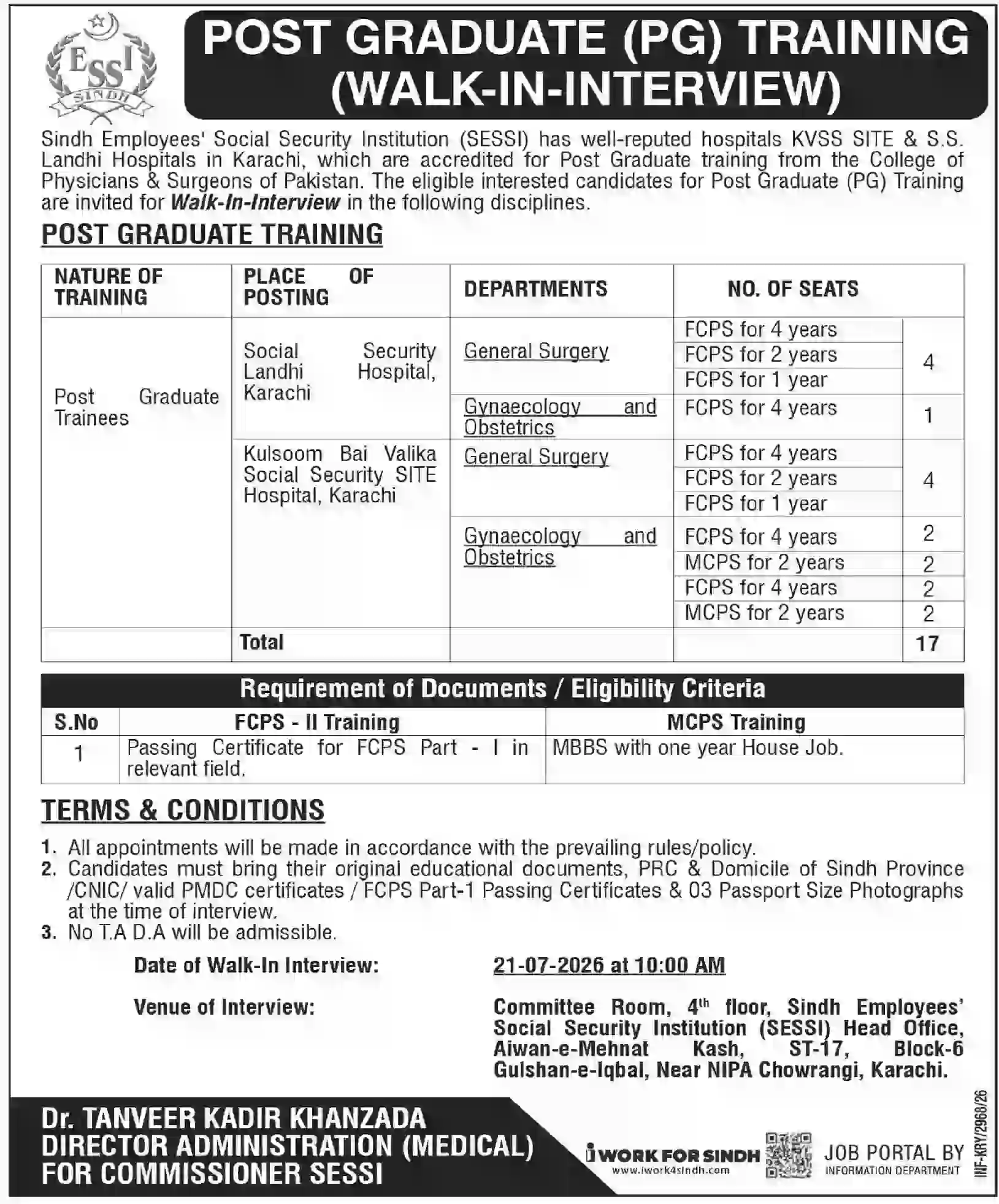 SESSI PG Training 2026 – Walk-in Interview for FCPS & MCPS Medical Training in Karachi