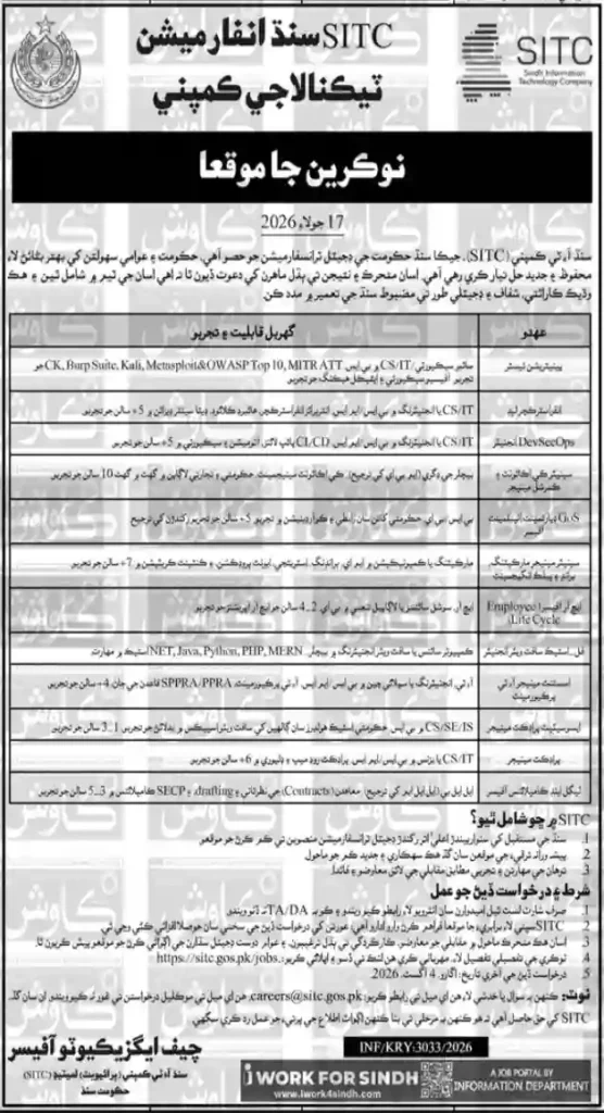 Sindh Information Technology Company SITC Jobs 2026
