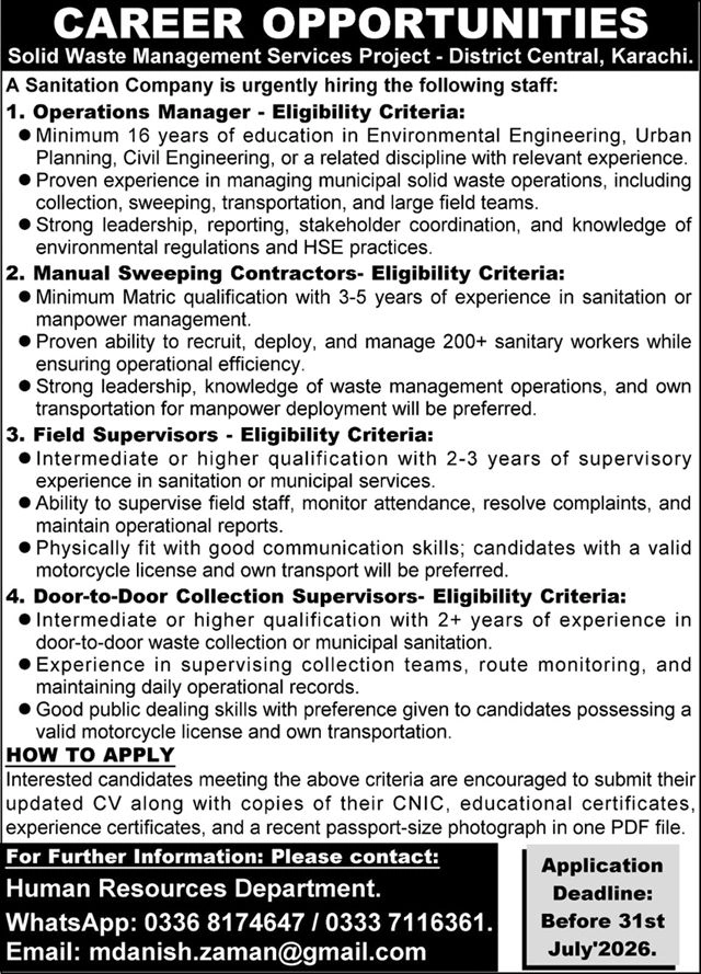 Solid Waste Management Services Project Karachi Jobs 2026 Apply Online