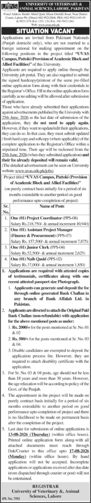 UVAS Jobs 2026 Apply Online