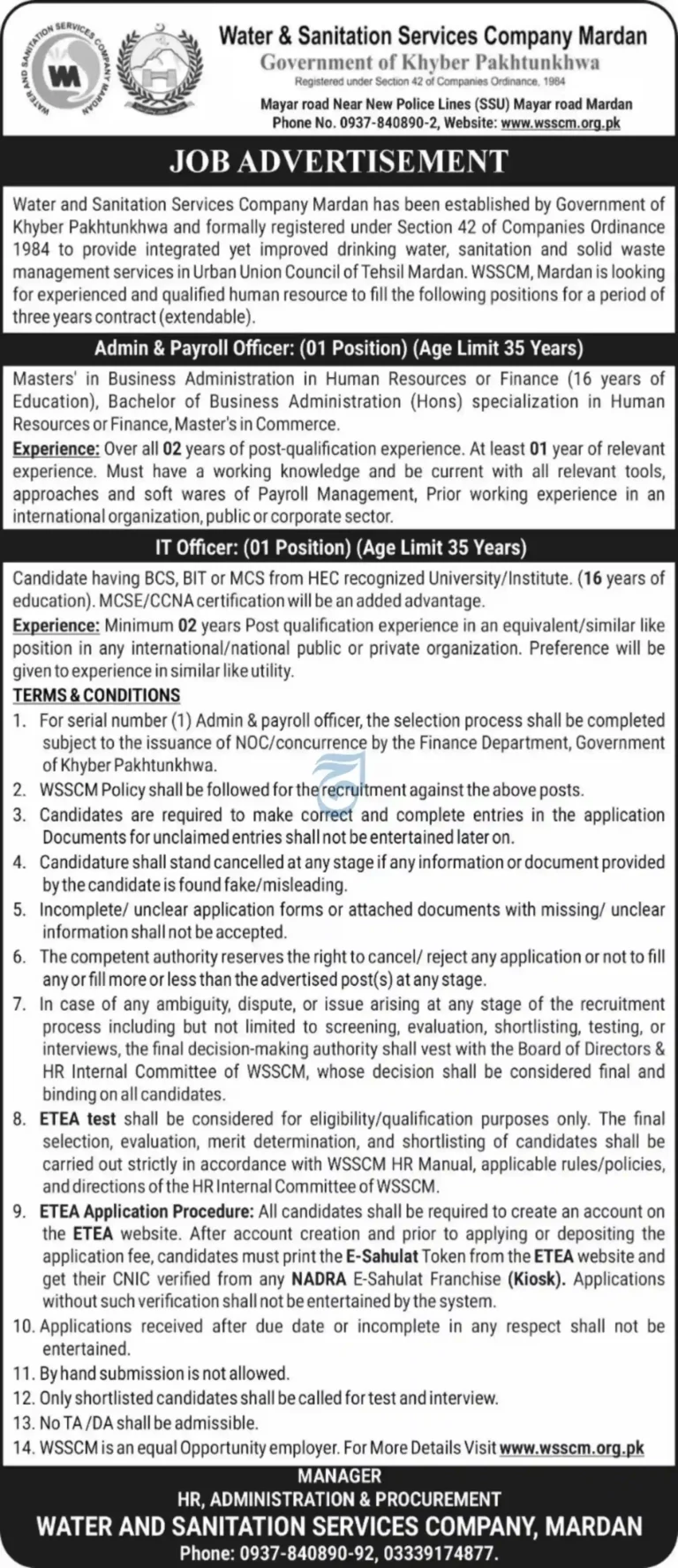 Water and Sanitation Services Company Mardan WSSCM Jobs 2026 – Latest Government Career Opportunities